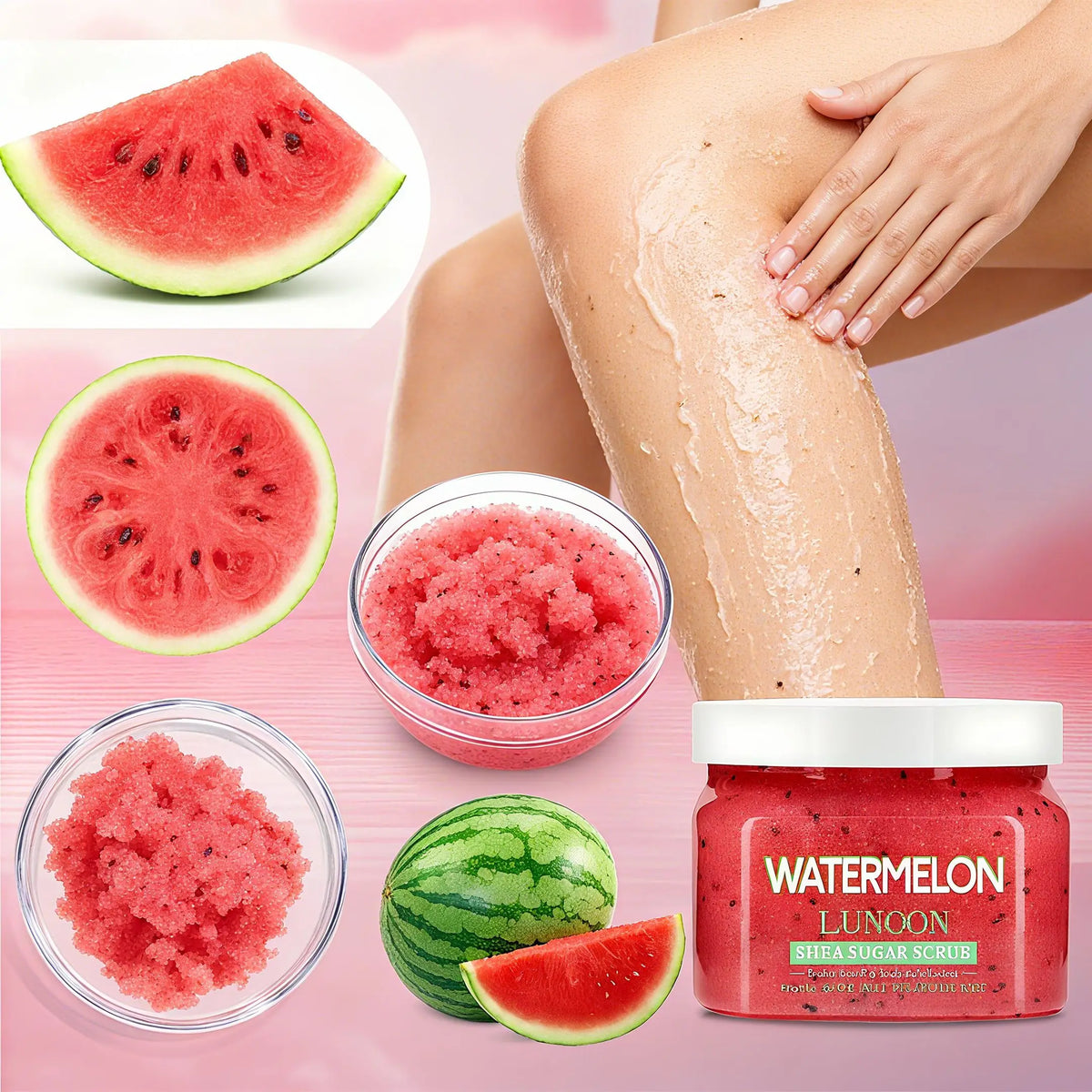 Natural Watermelon Shea Sugar Scrub 150g - Body Exfoliator, Moisturizing, Smooth & Glowing Skin, For Elbows, Knees, Back & Legs