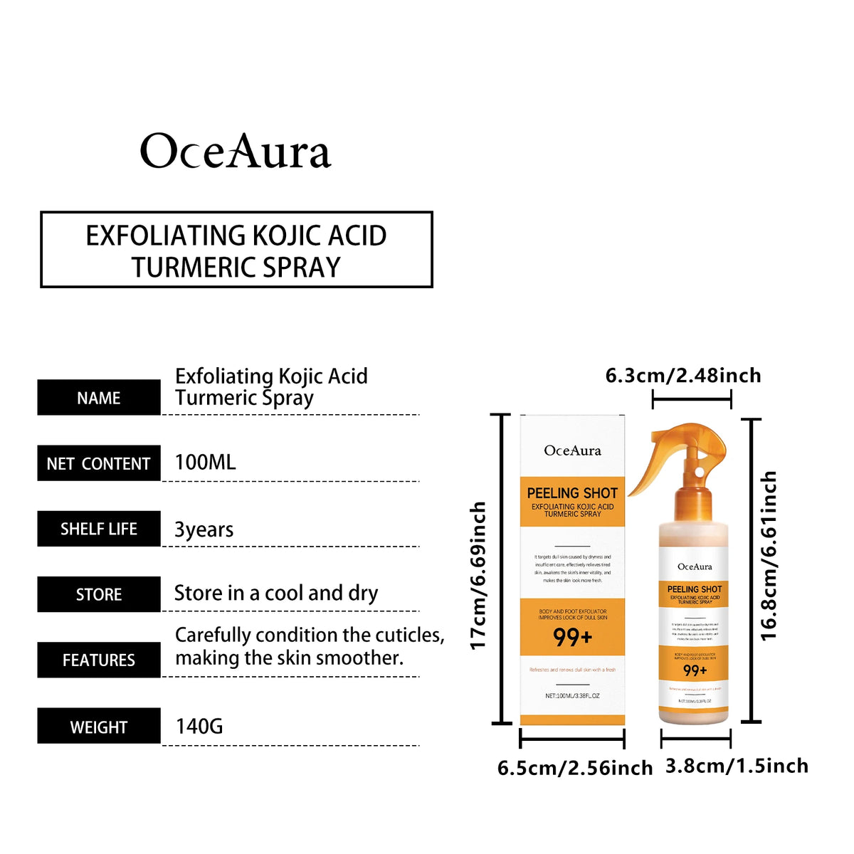 OceAura Peel Shot Kojic Acid Turmeric Spray Exfoliate Skin Care Dead Skin Remover Improve Uneven Looking Exfoliating Spray 100ml