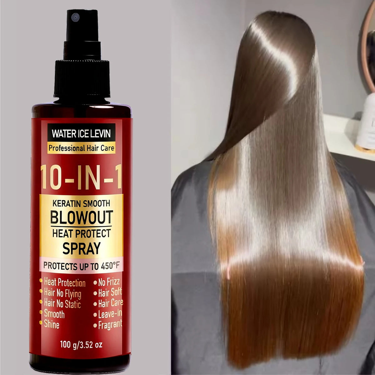 10-IN-1 Heat Protect Spray with Keratin, Collagen & Hyaluronic Acid – Smoothing Anti-Frizz Shine Leave-In Hair Care 100g