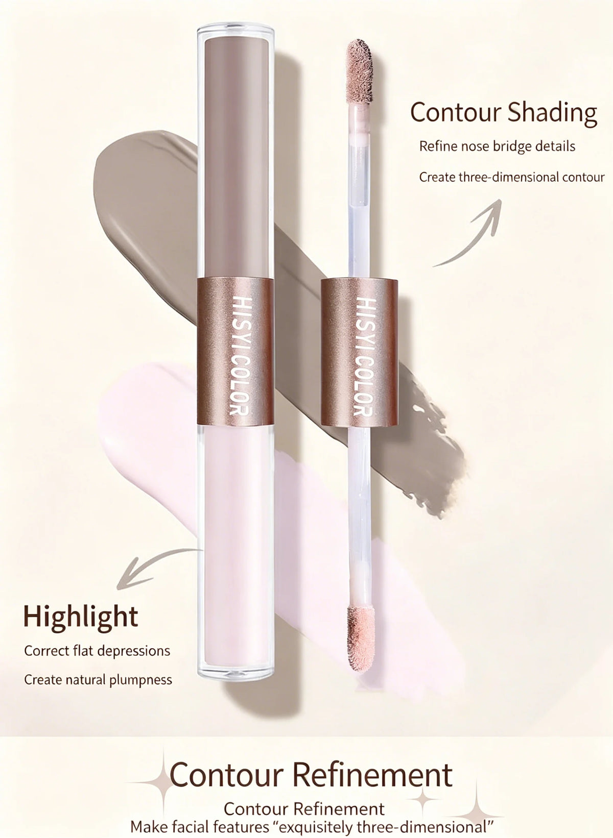 The dual-head highlighter brightens the complexion, regulates facial contours, and is long-lasting and waterproof
