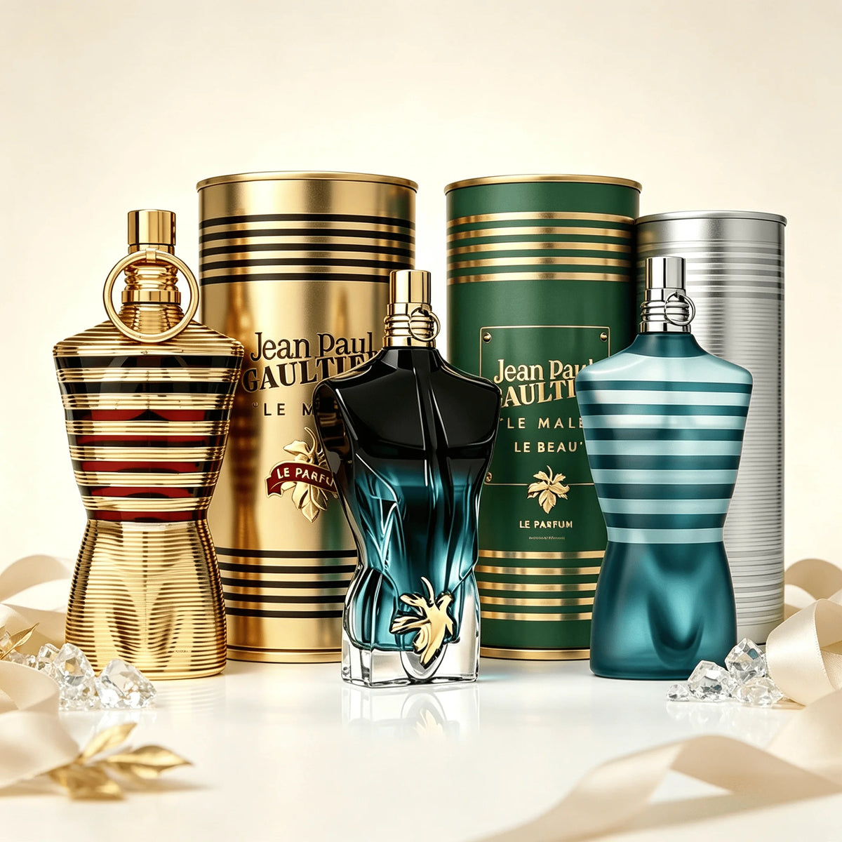 Jean Paul Gaultier Le Male Le Beau Series 3 Styles Perfume Collection for Men Eau De Parfum Long Lasting Fragrance Iconic Torso Shaped Bottle Luxury Cylindrical Metal Gift Can Ideal Birthday Holiday Collector Gift for Husband