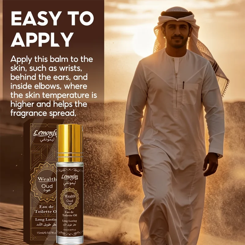 LEMONFAY Wealth Oud Roll On Perfume Oil 15ml Arabic Oud Scent Long Lasting Portable Travel Unisex Fragrance Oil