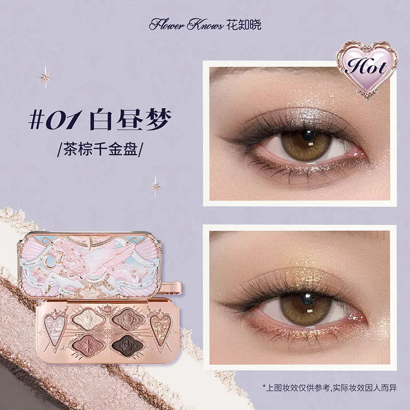Flower Knows Black Swan Ballet Eyeshadow Palette Matte Fine Shimmer Pearl Face Palette 6 Colour Glitter Eye Shadow