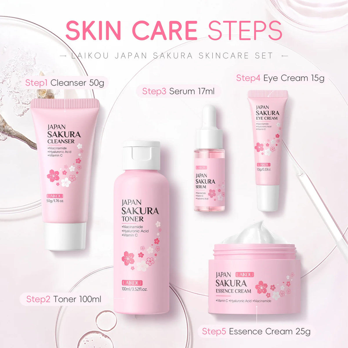 LAIKOU Sakura Kit Skin Care Sets Moisturizing and Reducing Fine Lines Cleansing Pore Product 5-Piece Korean Women's Day Gift