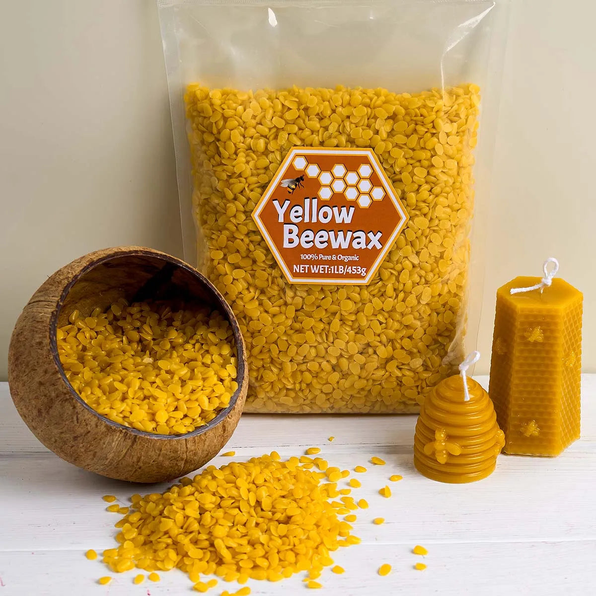 1LB Yellow And White Beeswax Pure Natural Granular Scented Candle Material DIY Soy Wax Smokeless Wicks Craft Making Supplies