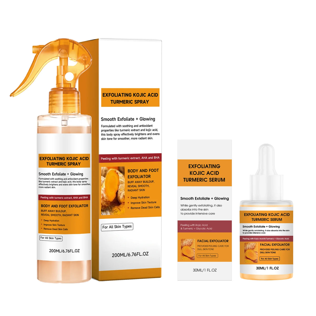 Exfoliating Kojic Acid Turmeric Spray and Serum Skin Care Set Gentle Exfoliation Improve Dull Tone Smooth Brightening Kit