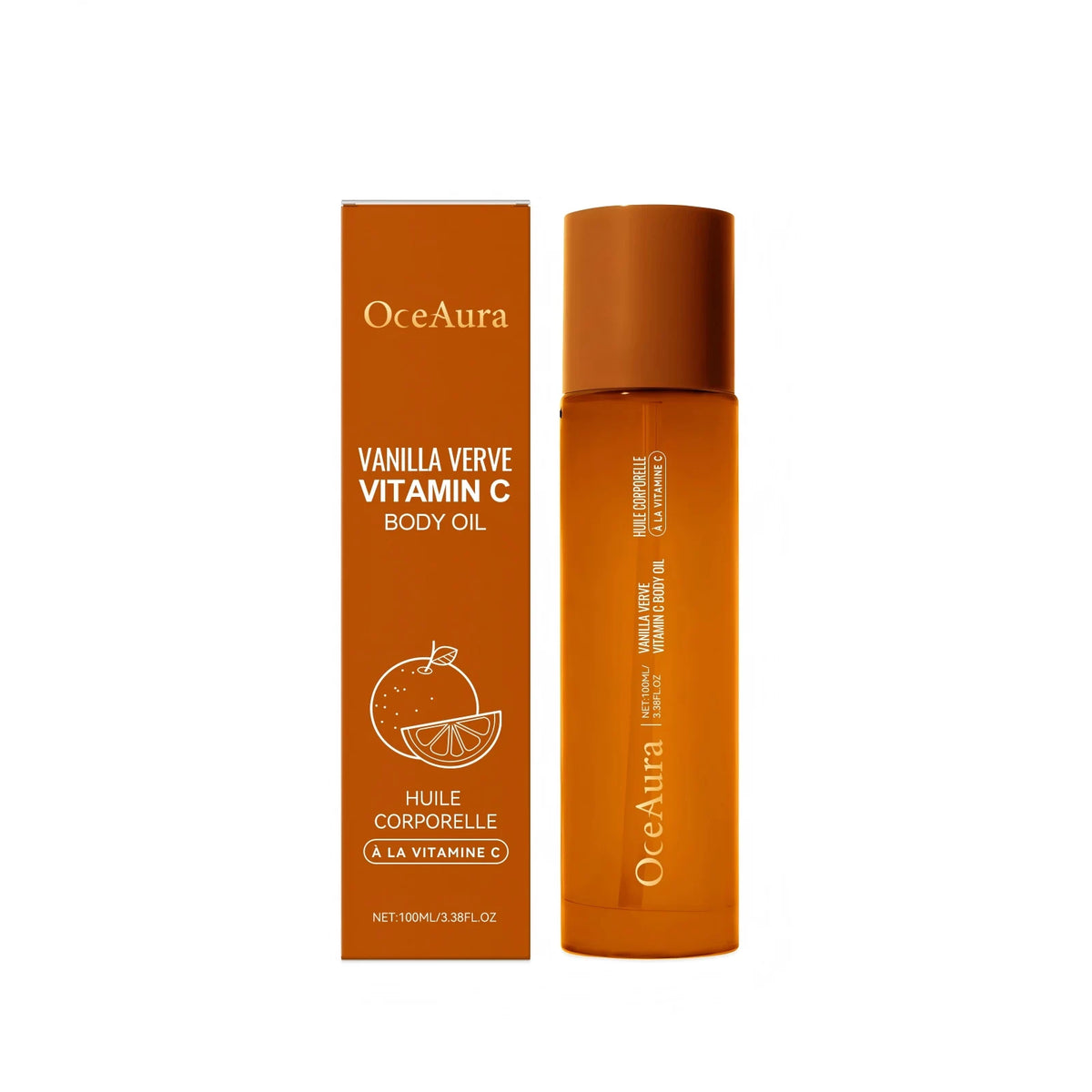 OceAura Vitamin C Body Oil for Glowing Skin Brightening Deep Hydration After Shower Vanilla Verve Scented Body Massage Oil 100ml