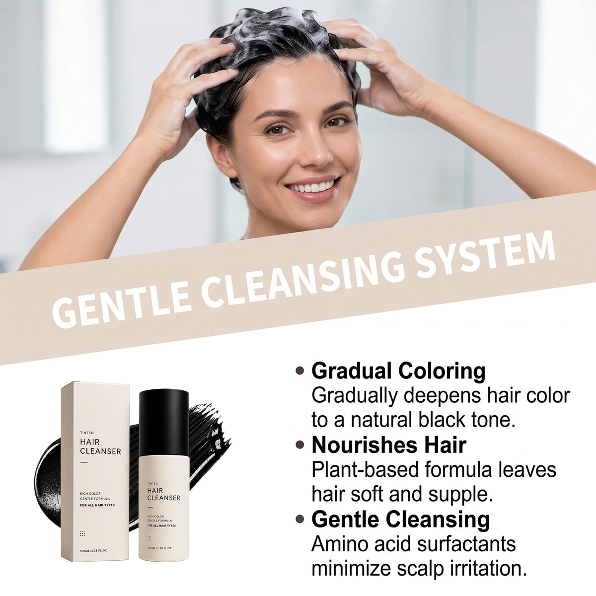 3 In 1 Semi‑Permanent Hair Color Shampoo,Long Lasting Home Hair Coloring Mess‑Free Gray Hair Solution Mild Botanical Dye Shampoo