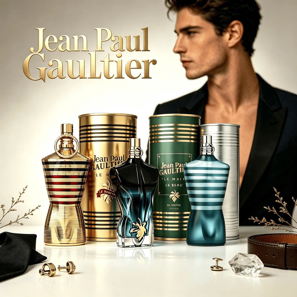 Jean Paul Gaultier 4 Styles Men Perfume Collection Set Le Male Le Parfum Le Beau Le Parfum Original Le Male Eau De Parfum Natural Spray Long Lasting Woody Scent Iconic Torso Shaped Bottle Luxury Metal Cylindrical Gift Can For