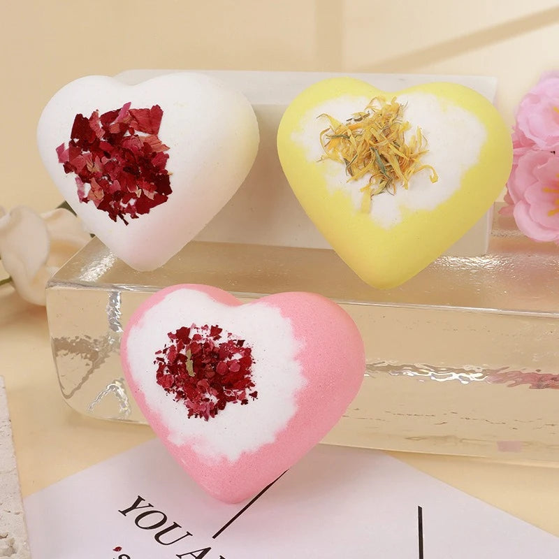 80g Heart Shape Bath Salt Dried Flower Fizzy Salt Ball Essential Oil Aromatherapy Spa Bubble Bath Soak Hotel Luxury Bath Gift