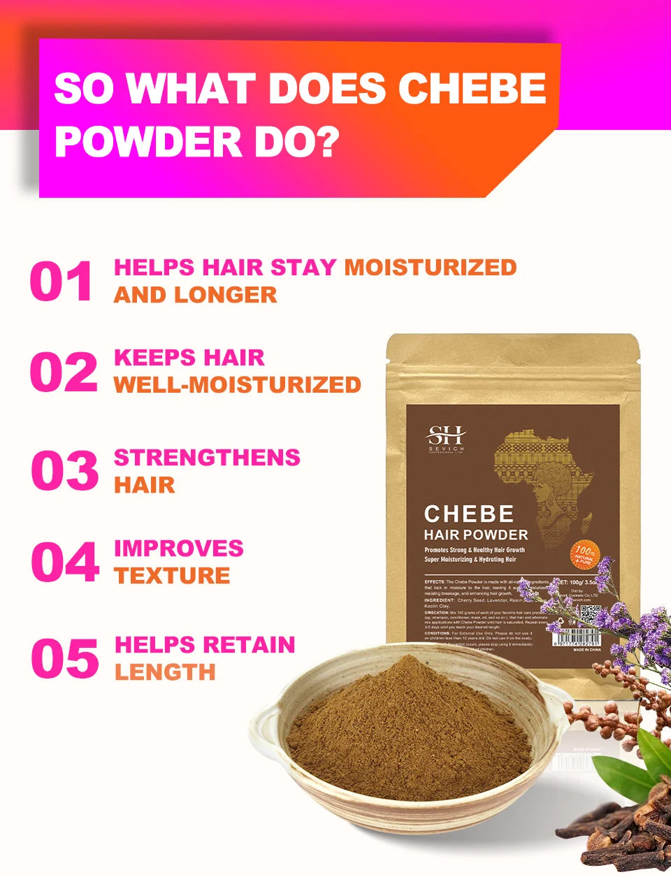 100% Natural Chebe Powder Natural Ingredients Promotes Hair Strengthens & Thickens Anti Hair Loss Hair Regrowth Treatment