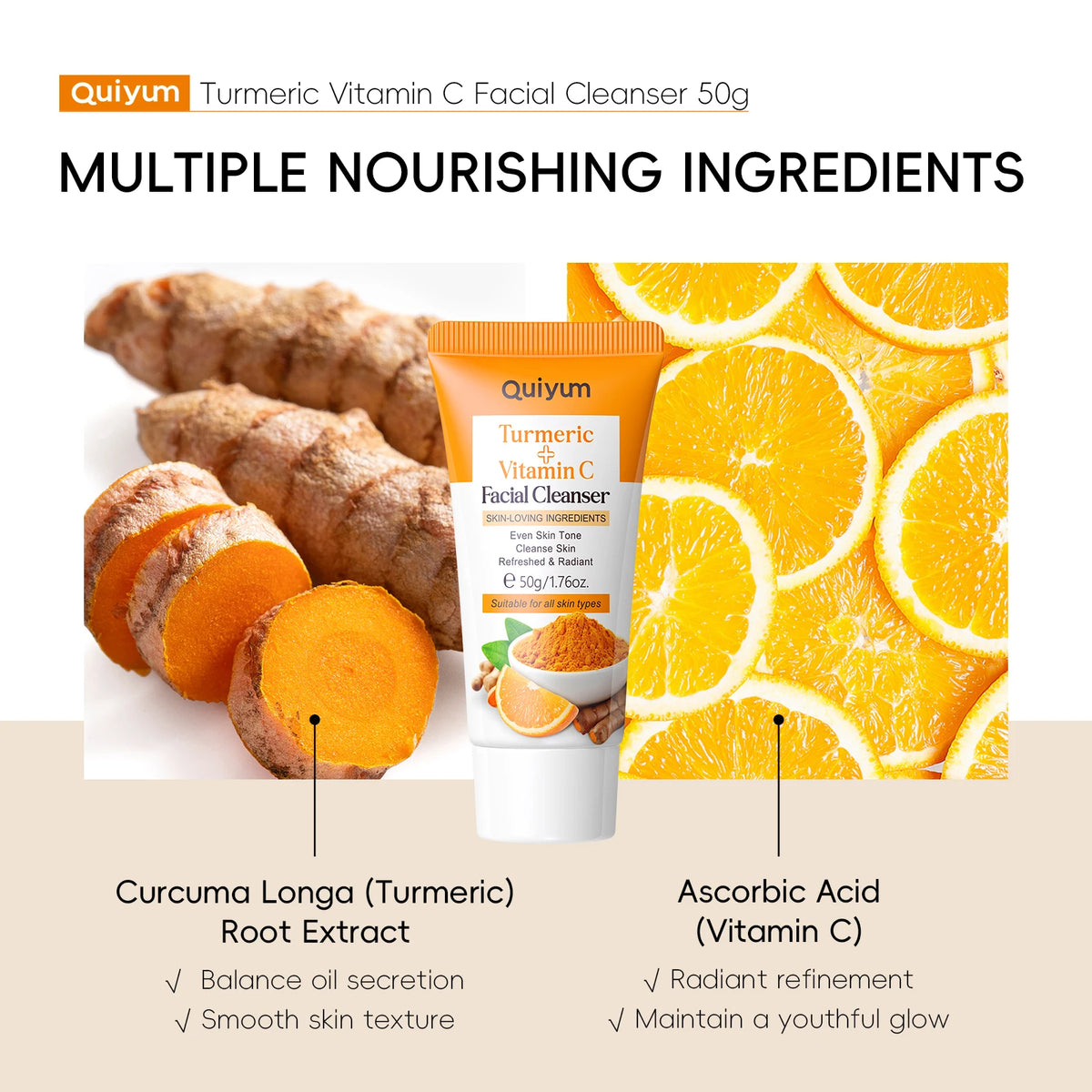 Quiyum Turmeric Vitamin C Cleanser Brighten Skin Tone Gentle Cleansing Face Wash Oil Control 50g