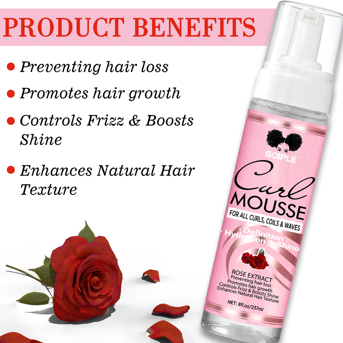 GOIPLE 237ml Natural Rose Extract Curl Mousse Defining Shine Hydrates Control Frizz Wave Enhance Curls Texture Hair Styling Foam