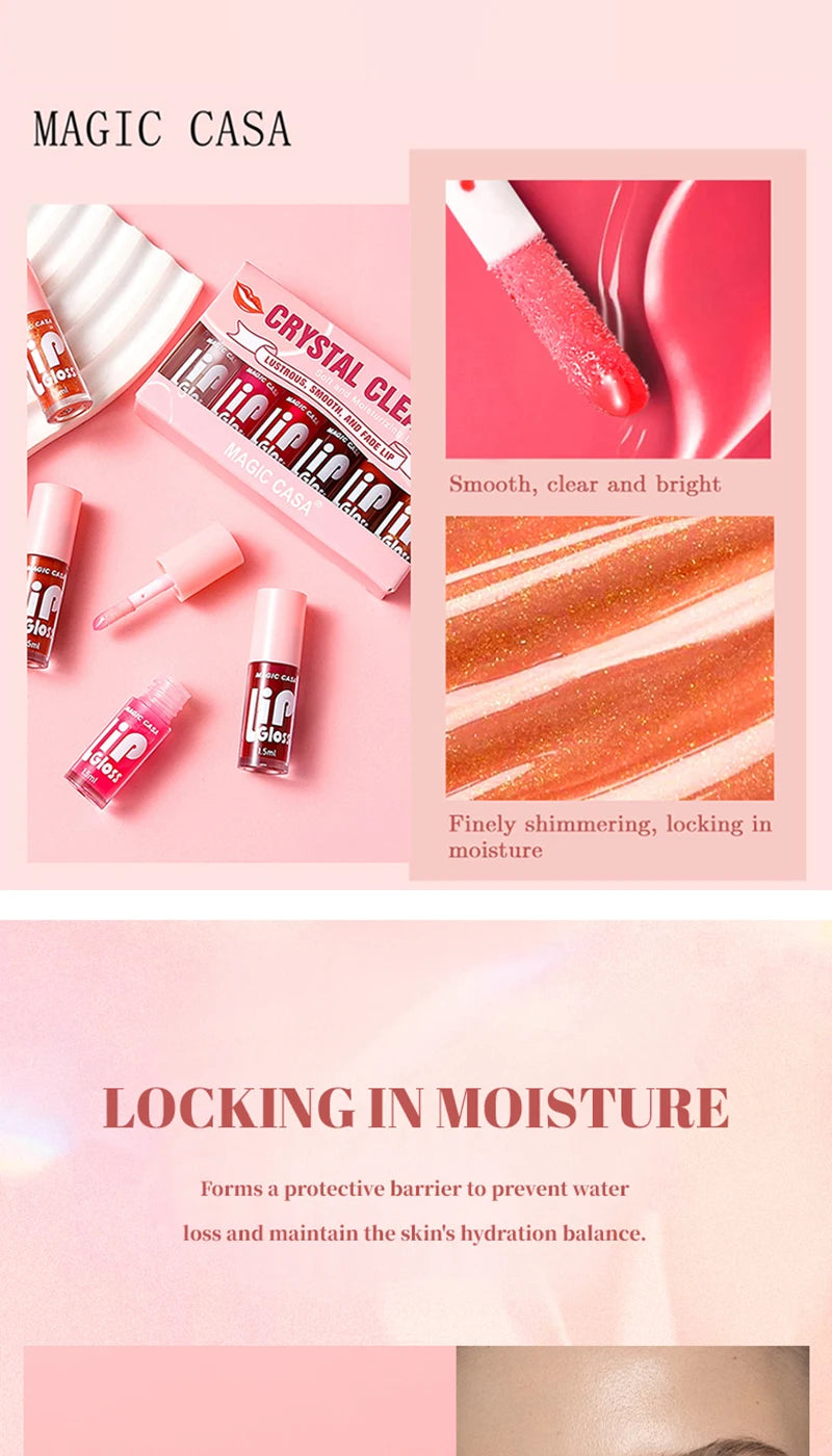 MAGIC CASA 6-Piece Set Water-Gloss Jelly Lip Oil - Plumping, Hydrating, Makeup Base, Long-Lasting Moisture