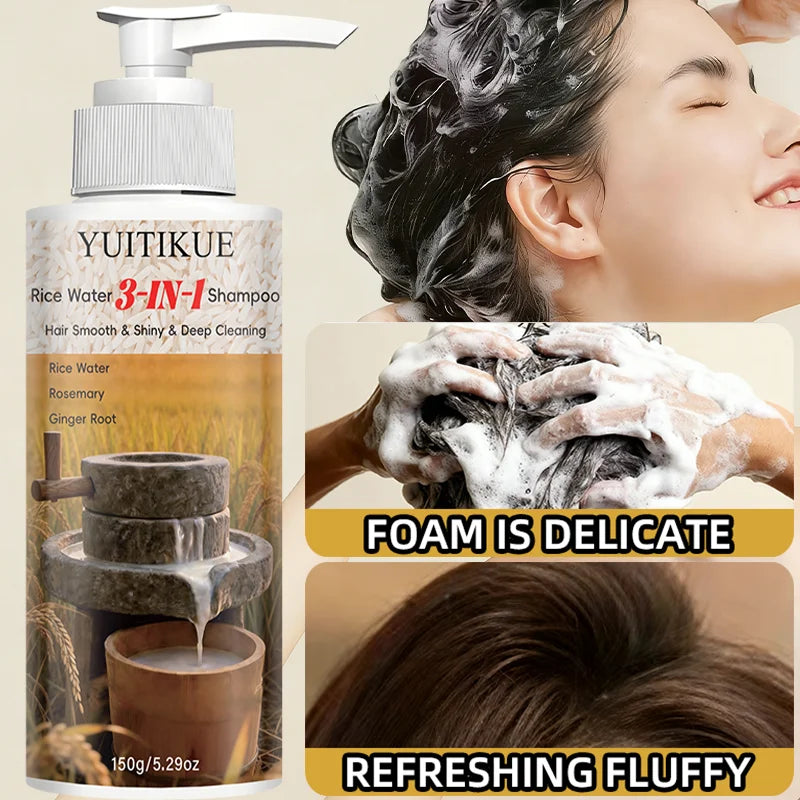 YUITIKUE Rice Water 3-in-1 Shampoo - Rosemary Ginger Root Deep Cleansing Shampoo for Smooth Shiny Hair