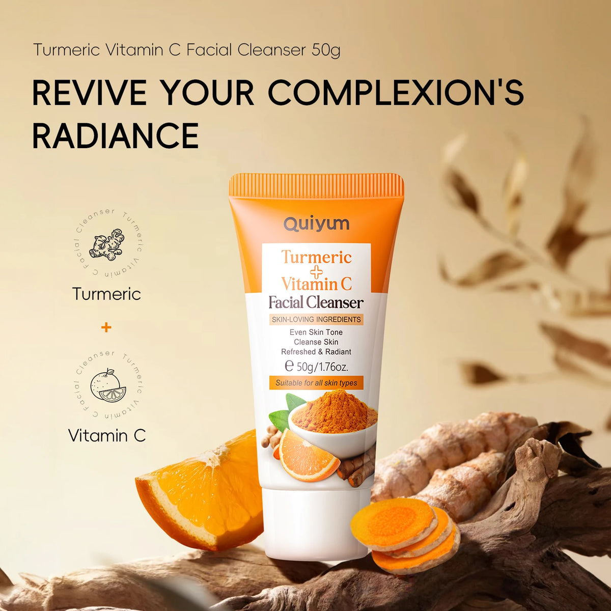 Quiyum Turmeric Vitamin C Cleanser Brighten Skin Tone Gentle Cleansing Face Wash Oil Control 50g
