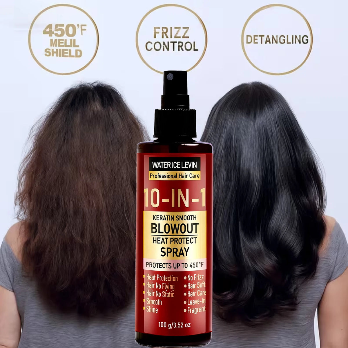 10-IN-1 Heat Protect Spray with Keratin, Collagen & Hyaluronic Acid – Smoothing Anti-Frizz Shine Leave-In Hair Care 100g