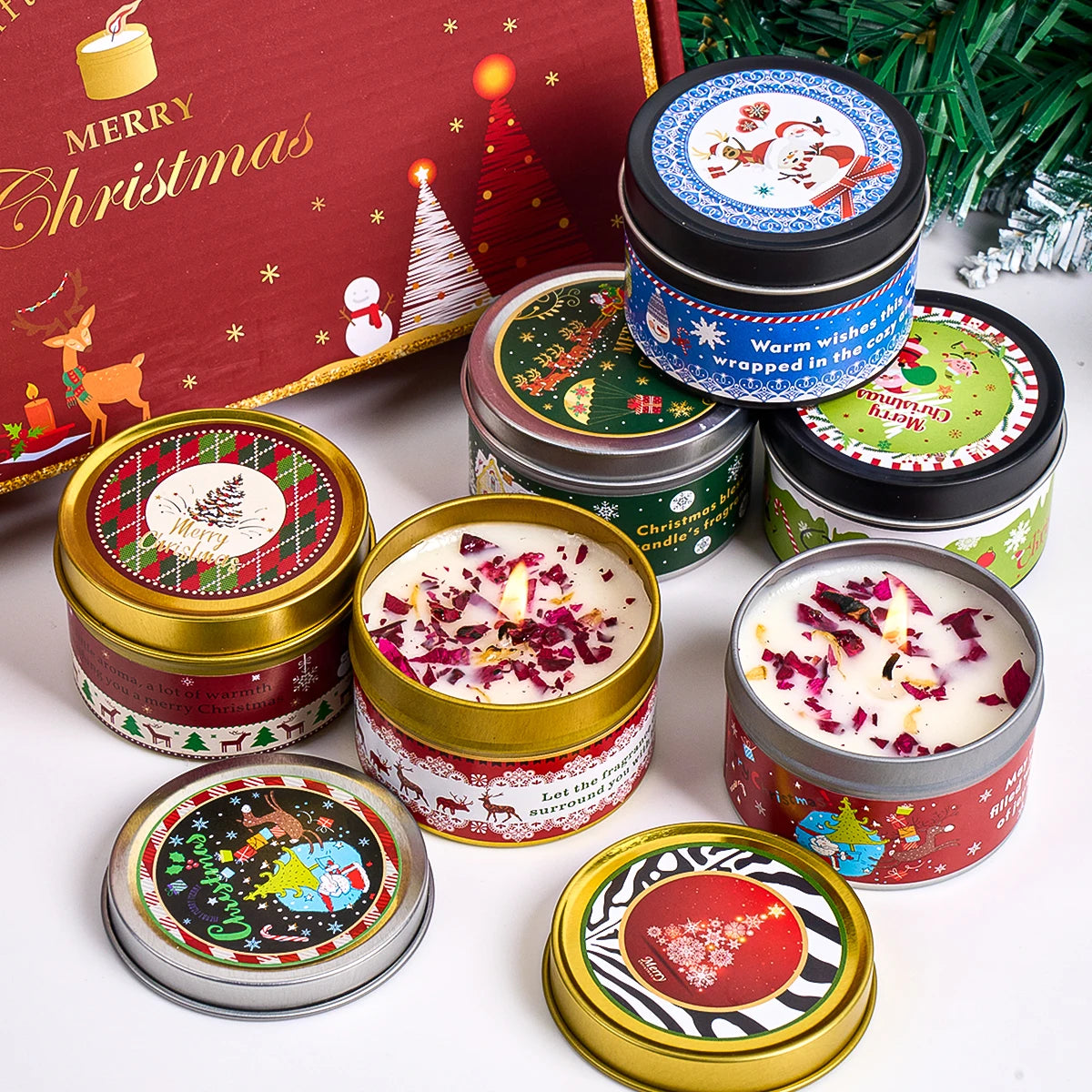 Christmas Scented Candle Set Gift Fragrance Candle Jar Smokeless Romantic Incense Aromatherapy Candle Stonedried Flower Soy Wax