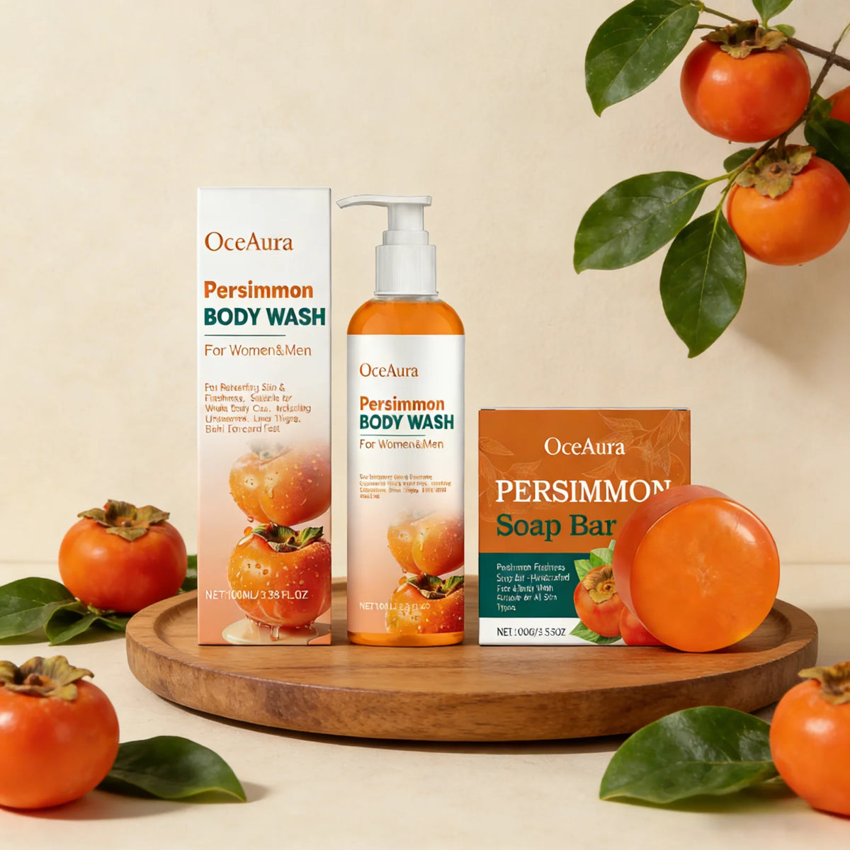 OceAura Persimmon Shower Gel Set Rich Foam Softens Skin Deep Cleansing Long Lasting Fragrance Natural Fruit Extracts Soap Bar