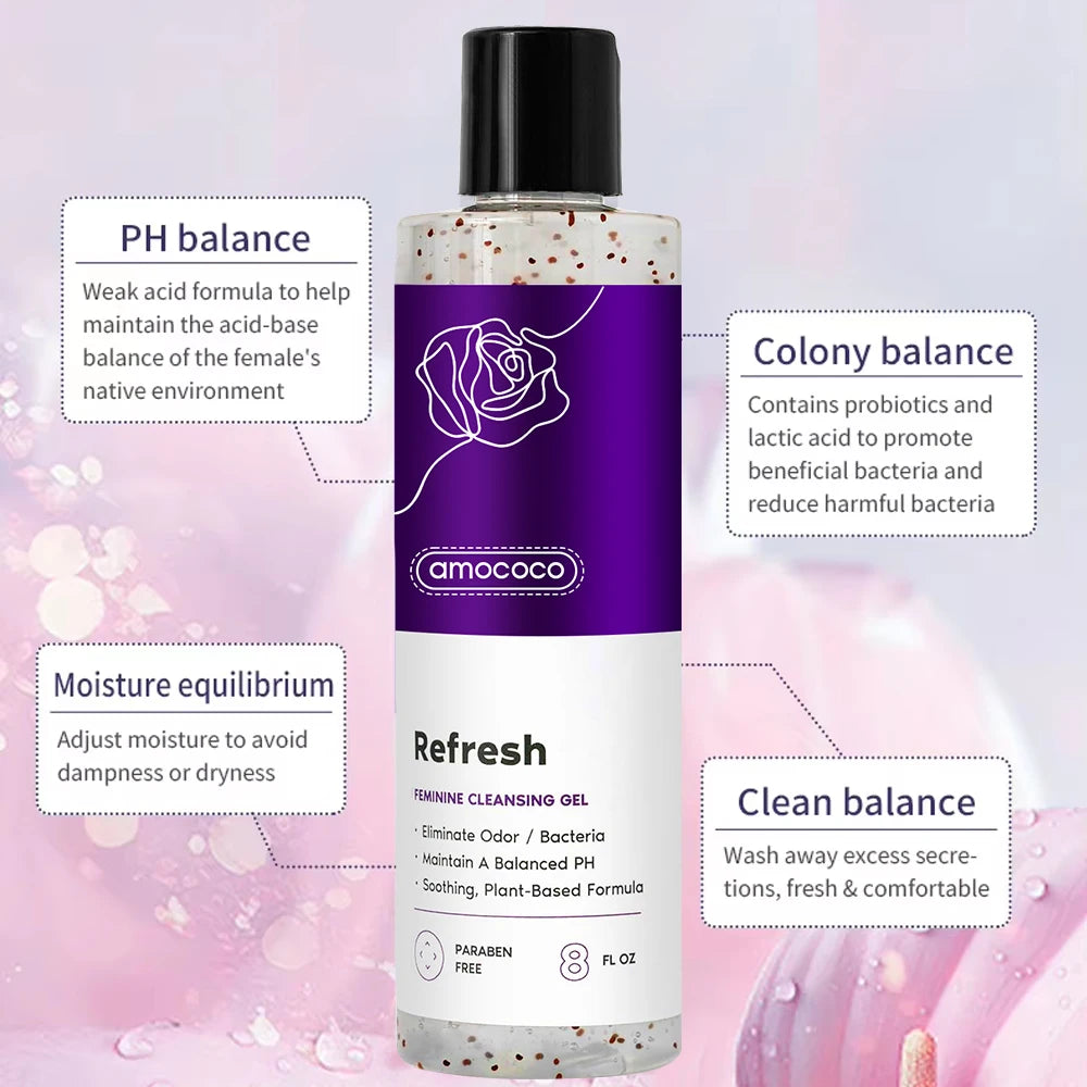 Amococo 2/3Pcs Feminine Wash 240ml Refresh Intimate Cleansing Gel PH Balancing Female Cleanser with Rose Flower Oil Aloe Vera Cucumber Extract Gentle Daily Personal Care Body Wash
