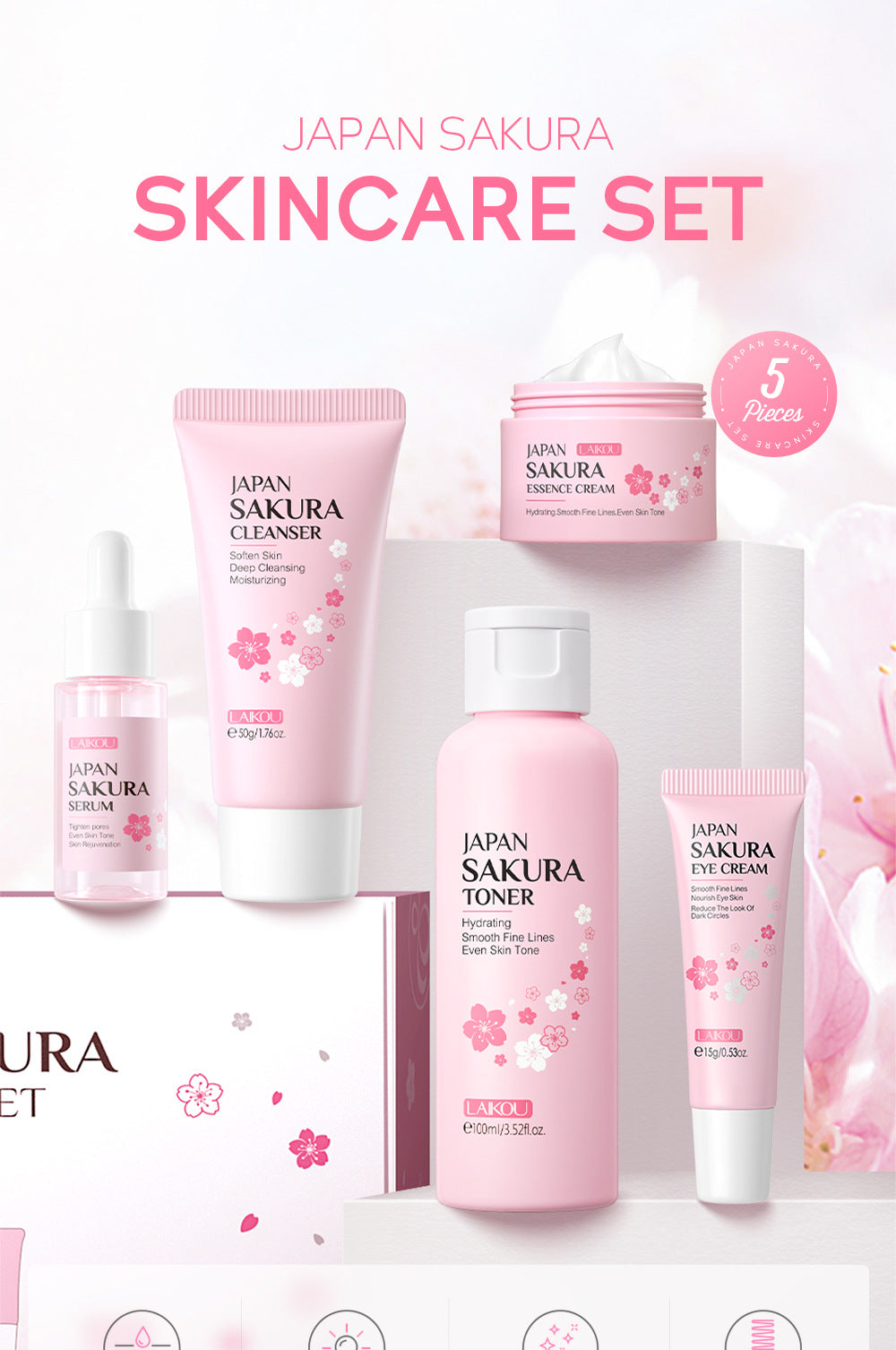 LAIKOU Sakura 5pcs Skin Care Kit Cleanser Toner Serum Eye Cream Essence Cream Moisturizing Beauty Gift Box For Women ﻿