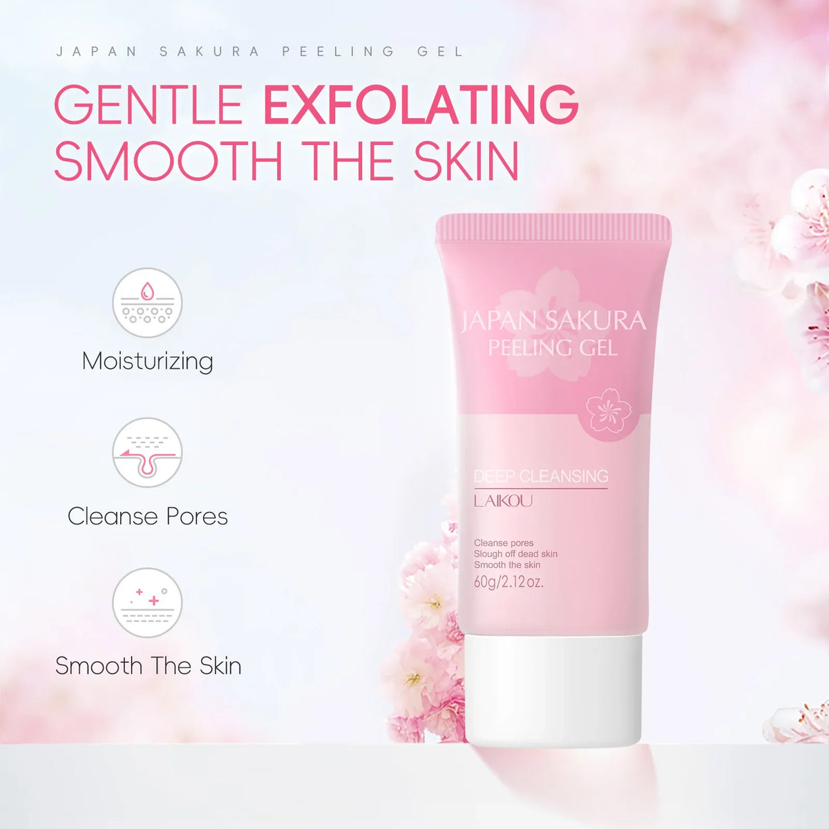 LAIKOU  Sakura Peeling Gel, Deep Cleansing Face Exfoliator, Remove Dead Skin Smooth Skin Gentle Exfoliating Scrub 60g