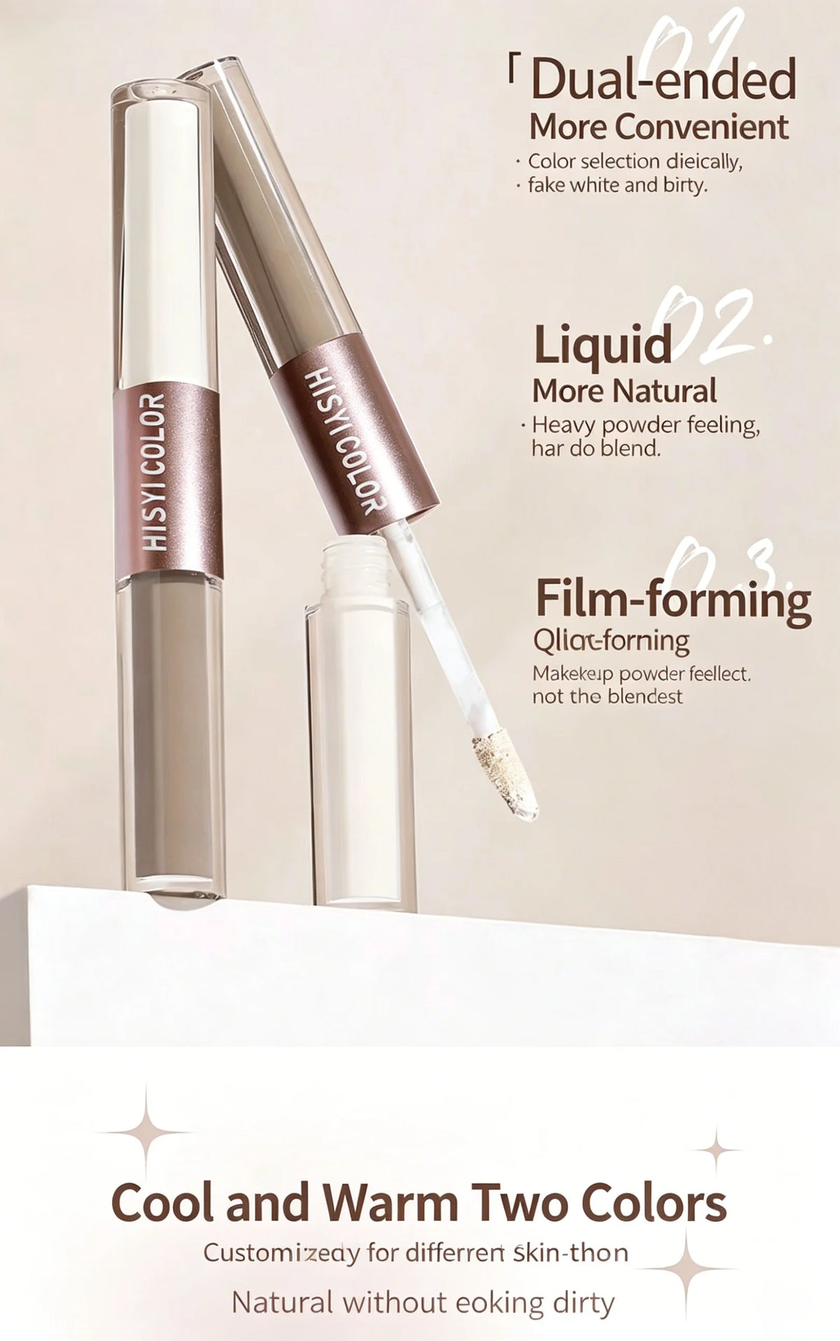 The dual-head highlighter brightens the complexion, regulates facial contours, and is long-lasting and waterproof