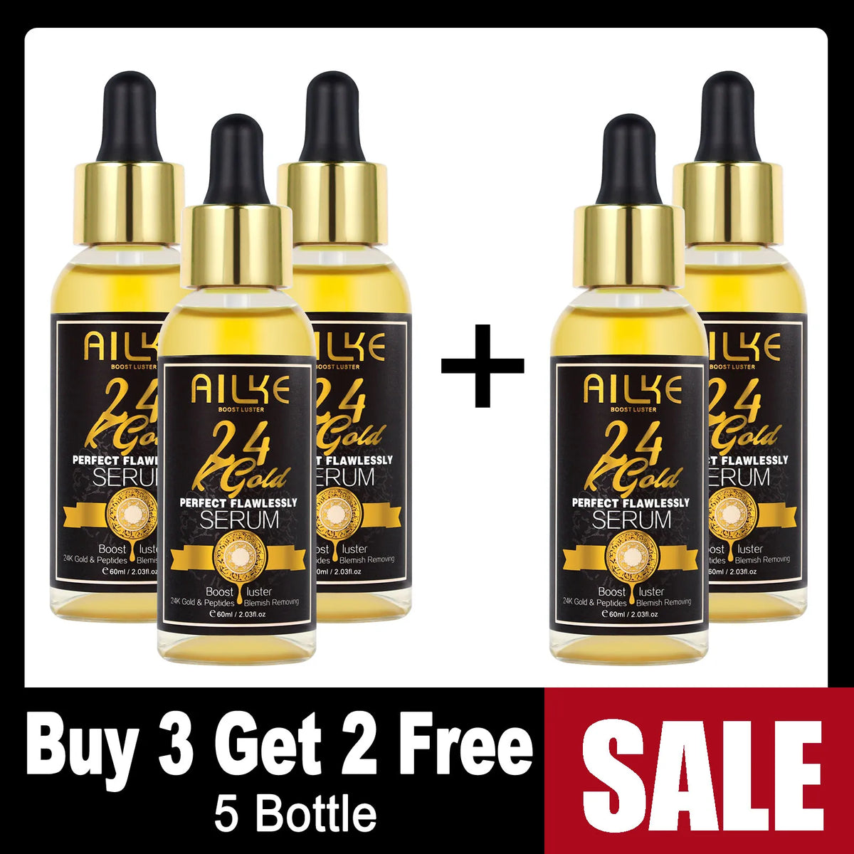 AILKE 24K Gold Flawlessly Serum, Whitening, Deep Clean Skin, Even Skin Tone, Reduce Black Spots, With Peptide, For Face, Body
