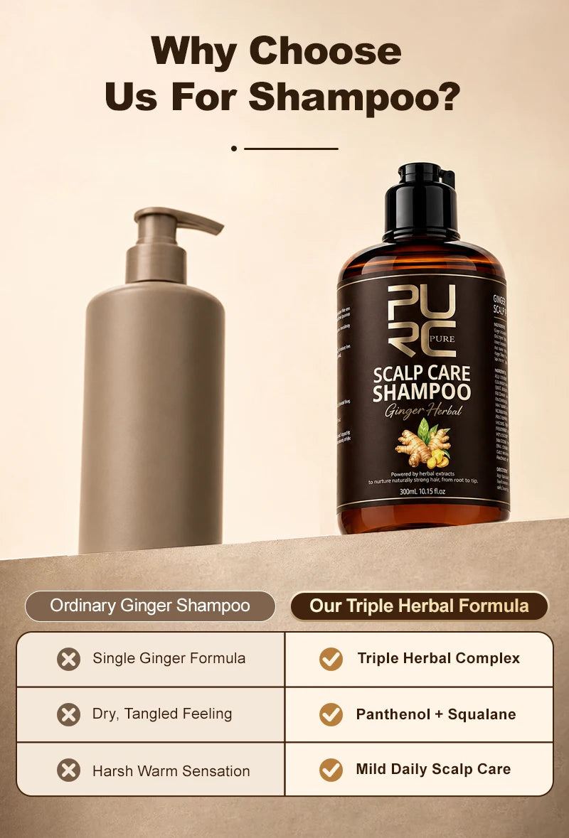 PURC 300ml 5 In 1 Instant Coloring Shampoo Natural Ginger Herbal Shampoo for Men Women Promote Hair Growth and Deeply Nourish