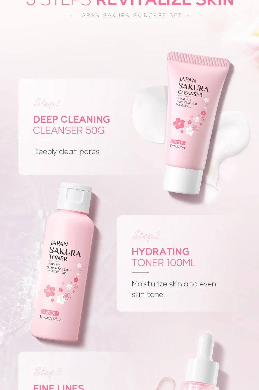 LAIKOU Sakura Kit Skin Care Sets Moisturizing and Reducing Fine Lines Cleansing Pore Product 5-Piece Korean Women's Day Gift