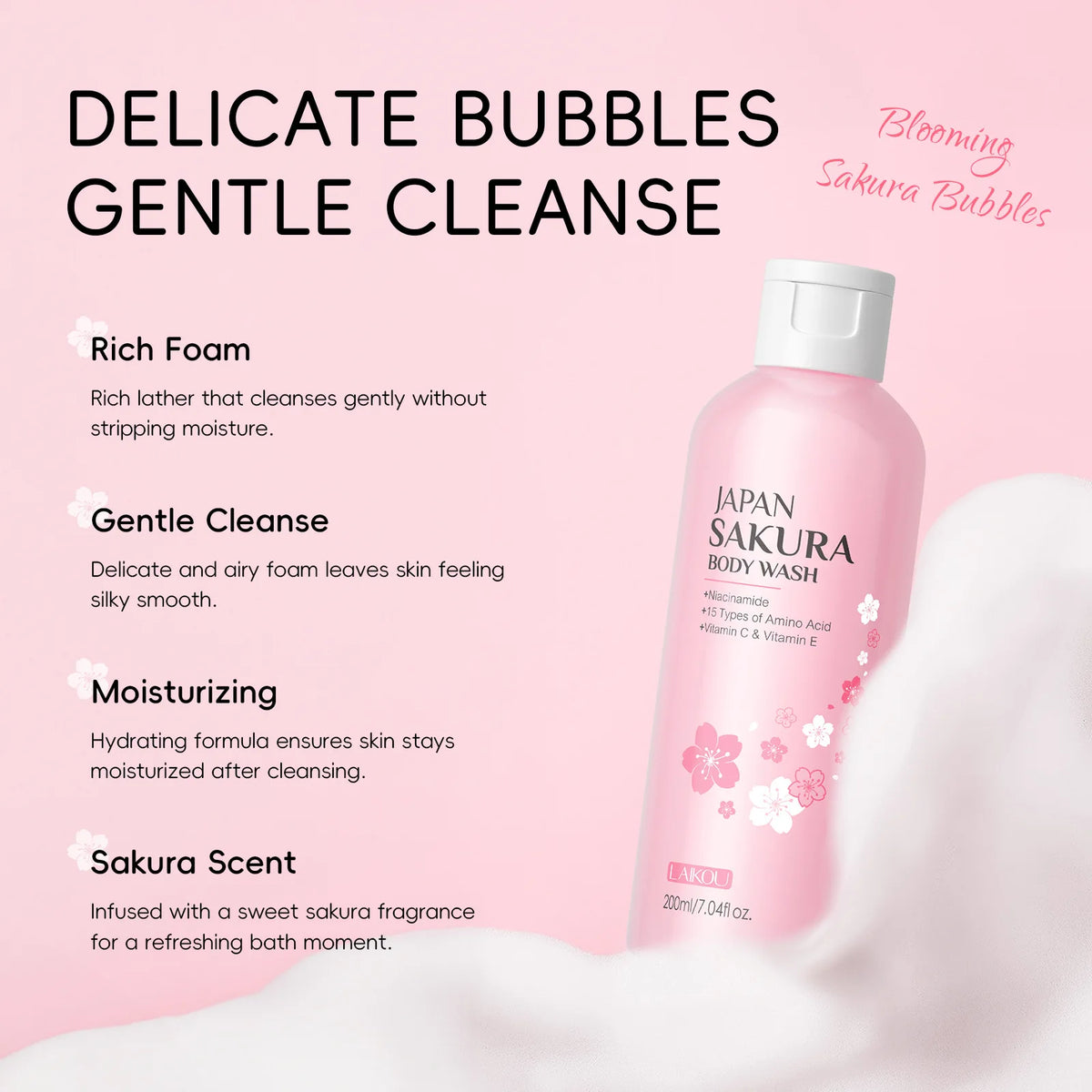 LAIKOU Sakura Shower Gel Long Moisturizing Smooth Long Lasting Fragrance Gentle Foam Body Cleansing Bath Product 100ml