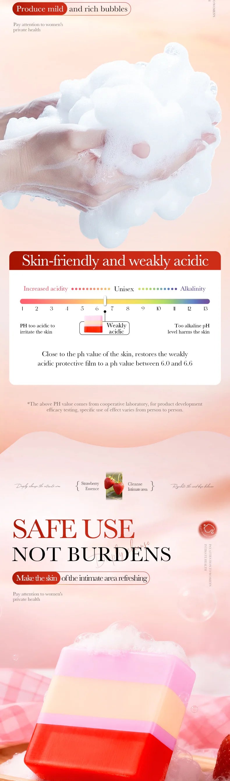 Soothing pH Balance Yoni Soap 100g – Mild Strawberry Scent, Gentle Daily Cleansing with Foam Net for Sensitive Skin