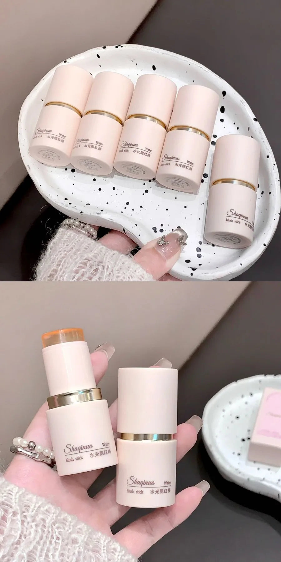SHAQINUO Cream Blush Stick - Watery Glow, Long-Lasting, Natural Tint, Korean-Style Cheek Makeup for Fresh Look