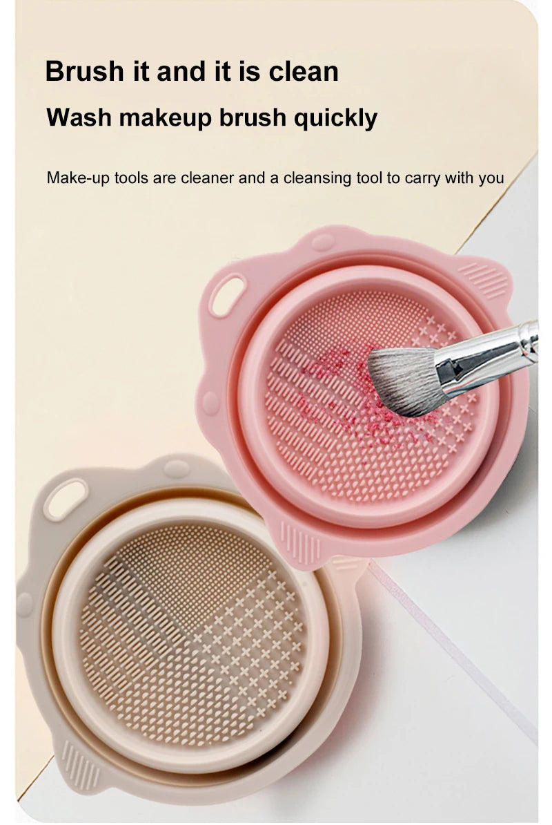 Multi-functional Silicone Makeup Brush Cleaning Bowl Powder Puff Beauty Washing Scrubber Pad with Folding Brush Holder