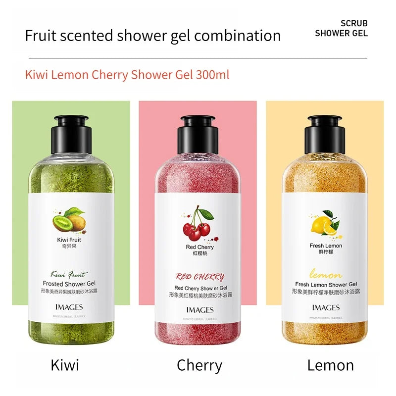 Fresh Fruit Purifying Scrub Shower Gel 300ml, with Kiwi Fruit Extract, Cherry Fruit Extract, Lemon Fruit Extract, Etc., for a Delicate, Cleansing, and Lightly Scented Experience. the Scrub Texture Is Refreshing and Moisturizi