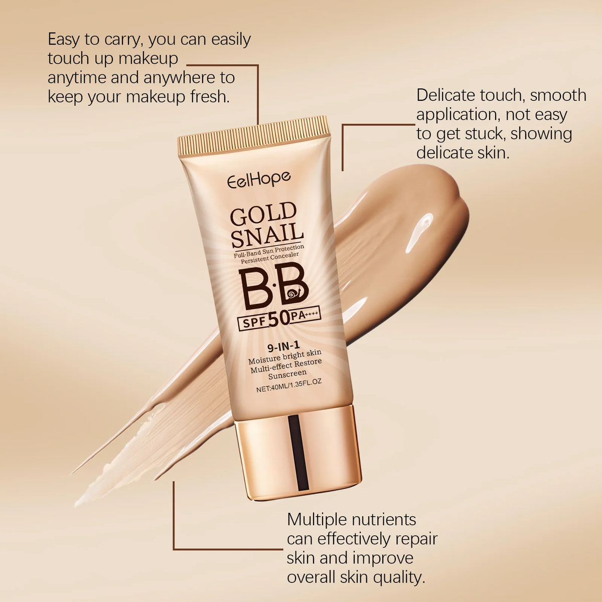Gold Snail Sunscreen BB Cream SPF 50 Sun Block Makeup Moisturize Face Concealer Long-Lasting Isolation Lotion Concealer Cosmetic