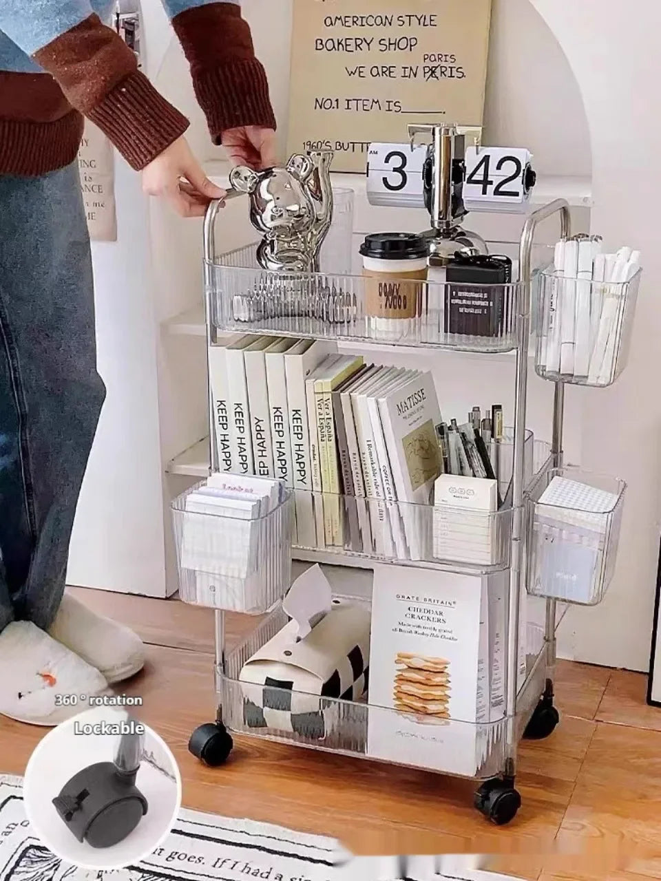 2/3/4 Layers Transparent Storage Rack with Wheels, Home Trolley Cart Suitable for Snacks Cosmetic Sundries and Kitchen Organizer