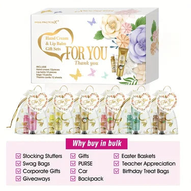 12 Hand Gift Hand Cream and Lip Balm Set Friends Party Gift with Love Net Bag and Thank You Card Holiday Gift