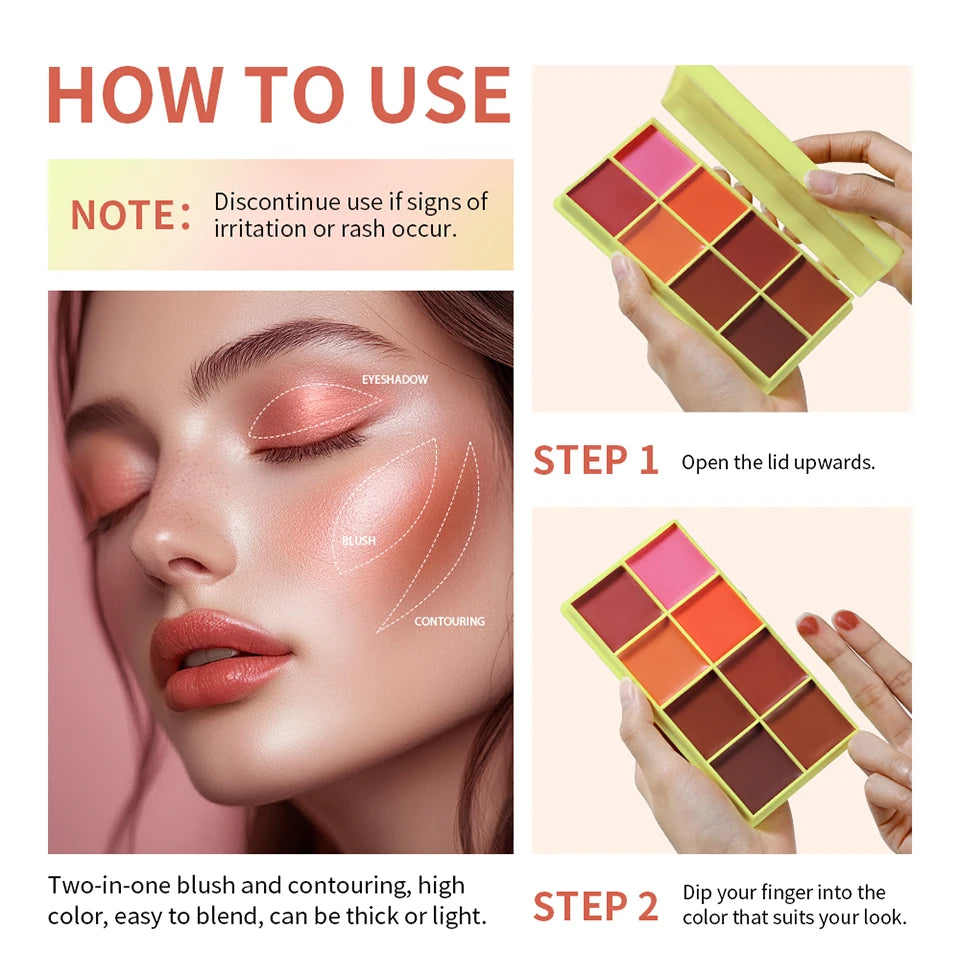 All-In-One 8 Color Cream Blush Countouring Face Palette Blendable Longwear Natural Glow Shades Long-Lasting Sweat-Resistant Woman Makeup