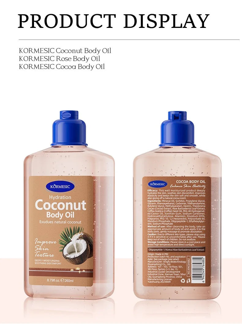 KORMESIC Body Oil 260ml Rose/Cocoa/Coconut Hydrating Brighten Skin Texture Soothe Discomfort Essential Oil