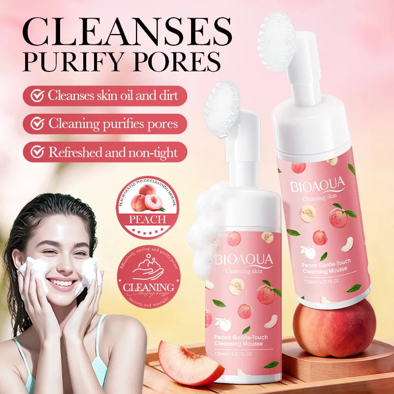 BIOAQUA Peach Facial Cleansing Mousse with Brush Gentle Touch Cleans Skin Oil Purify Pores Refreshed Non Tight Facial Cleanser