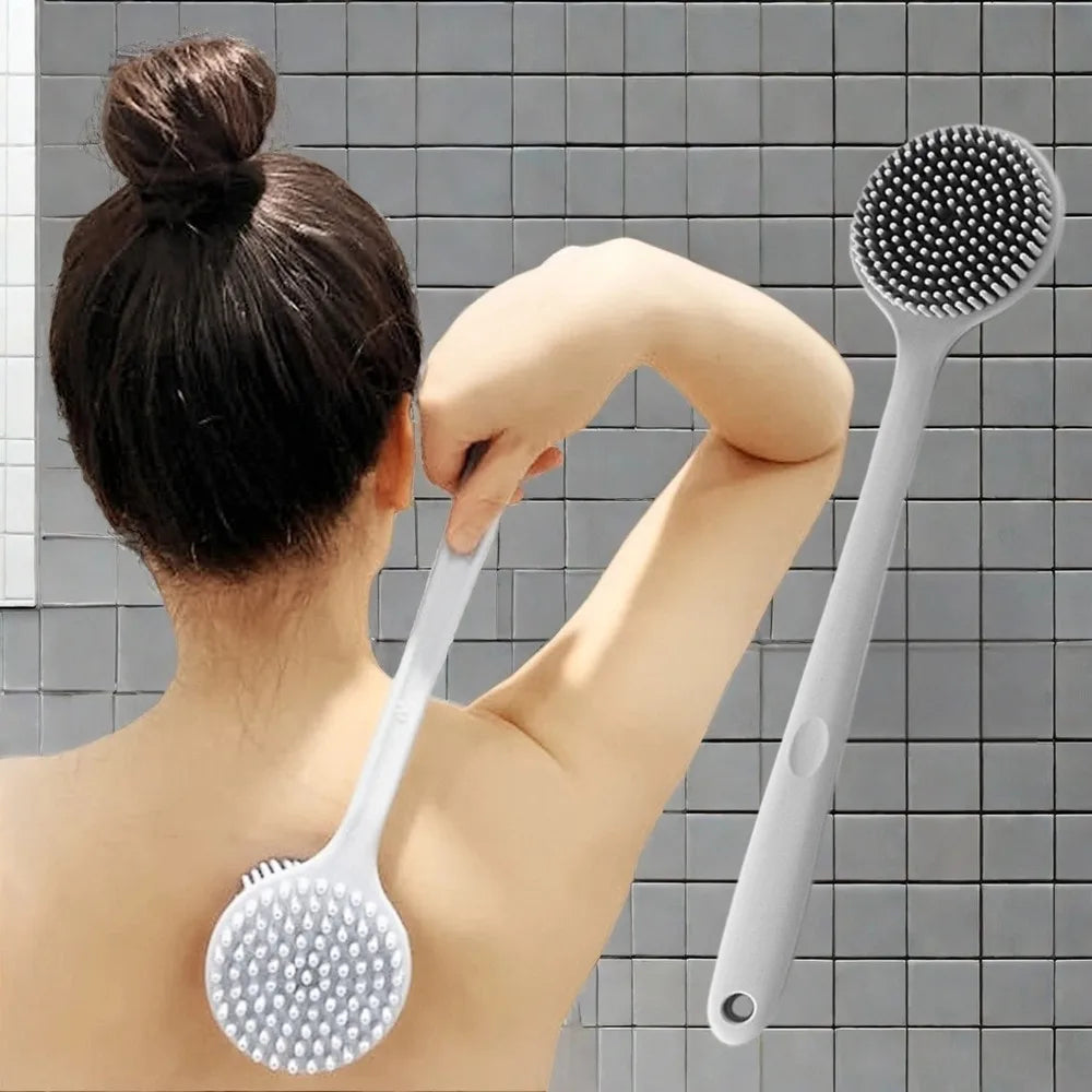 Silicone Scrubber Long Handle Exfoliating Shower Brush Double Sided Back Cleaning Dirt Remover Massage Bathing Body Skin Care