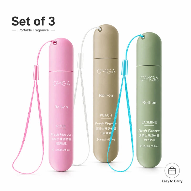 3pcs Portable Roll On Perfume Set 16ml Fresh Body Fragrance for Women Travel Size Long Lasting Scent Rose Peach Jasmine