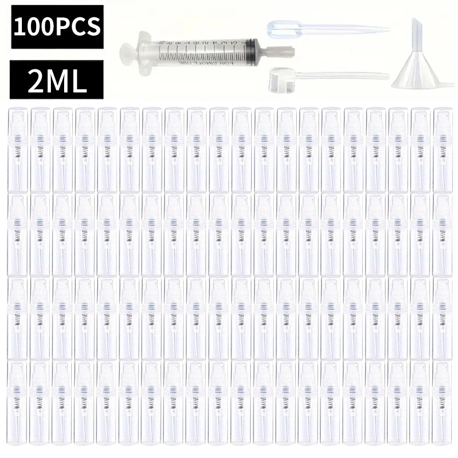 100 Spray Bottles 2ML/3ML- Odorless, BPA-free clear refillable travel atomizer, portable mini-sprayer for perfume and cosmetics