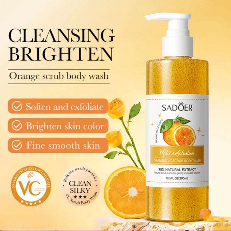 300ml Orange Body Scrub Shower Gel, a Cleansing Body Wash Containing Fresh Orange Extract, Citrate Salts, and Other Skin Care Ingredients. the Fine Scrub Particles Deeply Cleanse Skin Impurities and Dead Skin Cells, While Hyd