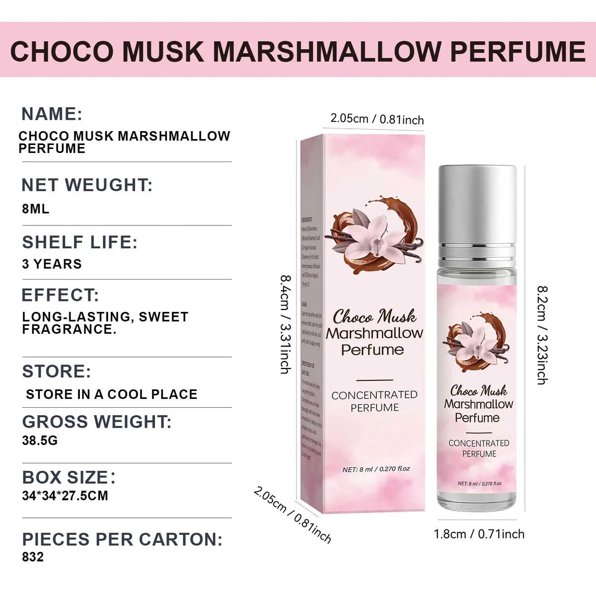 Musk Roll On Oil Deodorant for Body, Long Lasting Fragrance Sweet Chocolate Vanilla Concentrated Oil Roll-On for Unisex,8ML