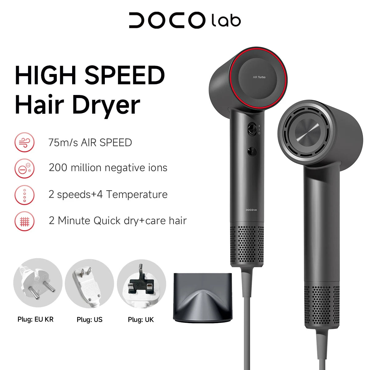 DOCO Hair Dryer High Speed 75m/s 200 Million Negative Ions Hair Care 110000 Rpm Professional Lightweight Home Travel Gift