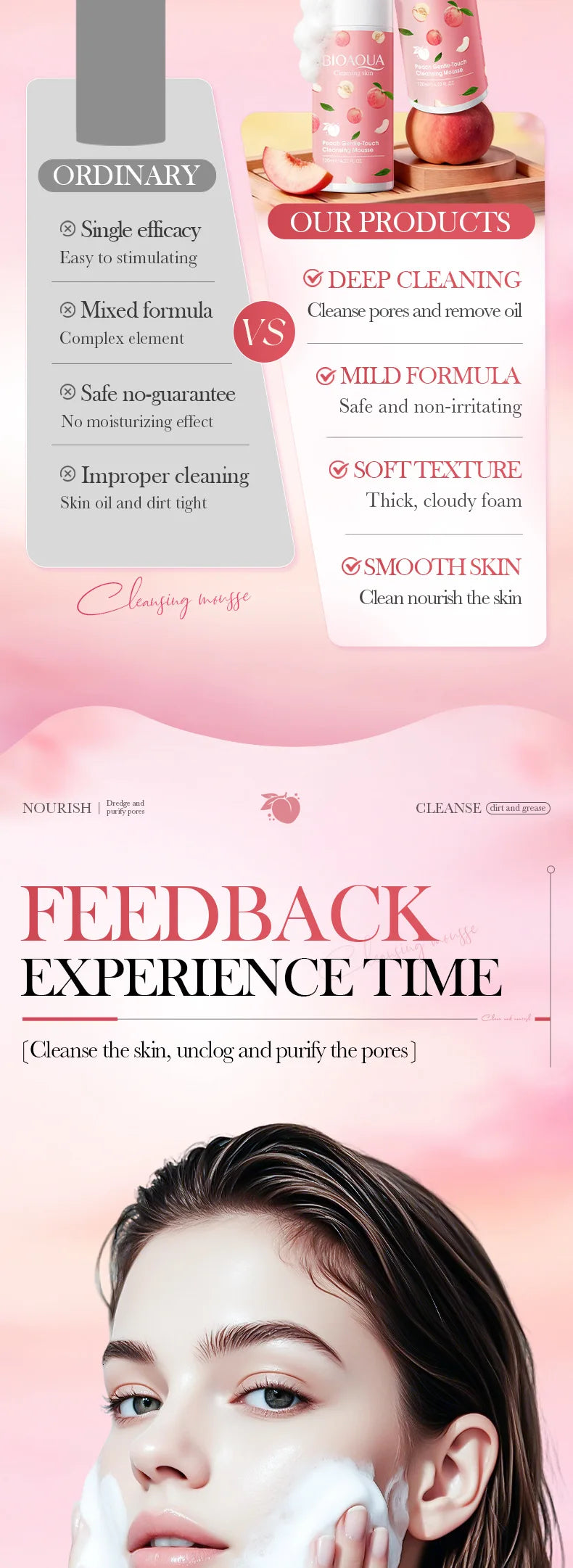 BIOAQUA Peach Facial Cleansing Mousse with Brush Gentle Touch Cleans Skin Oil Purify Pores Refreshed Non Tight Facial Cleanser