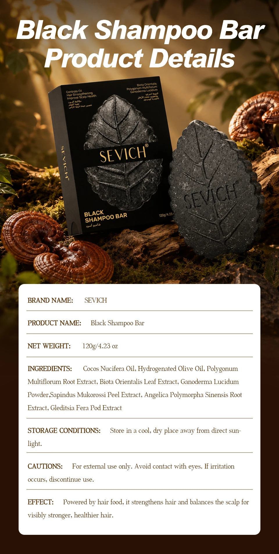 SEVICH Natural Black Shampoo Bar 120g Solid Hair Soap Herbal Anti Dandruff Oil Control Scalp Care Daily Use Strengthen Roots