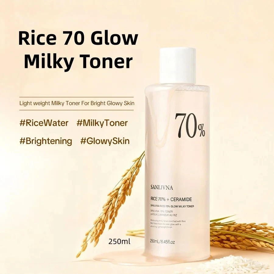 Rice 70 Glow Milky Toner Acne Moisturizing Rice Water Niacinamide Facial Essence Toner Pore Care Korean Skincare Products 250ml